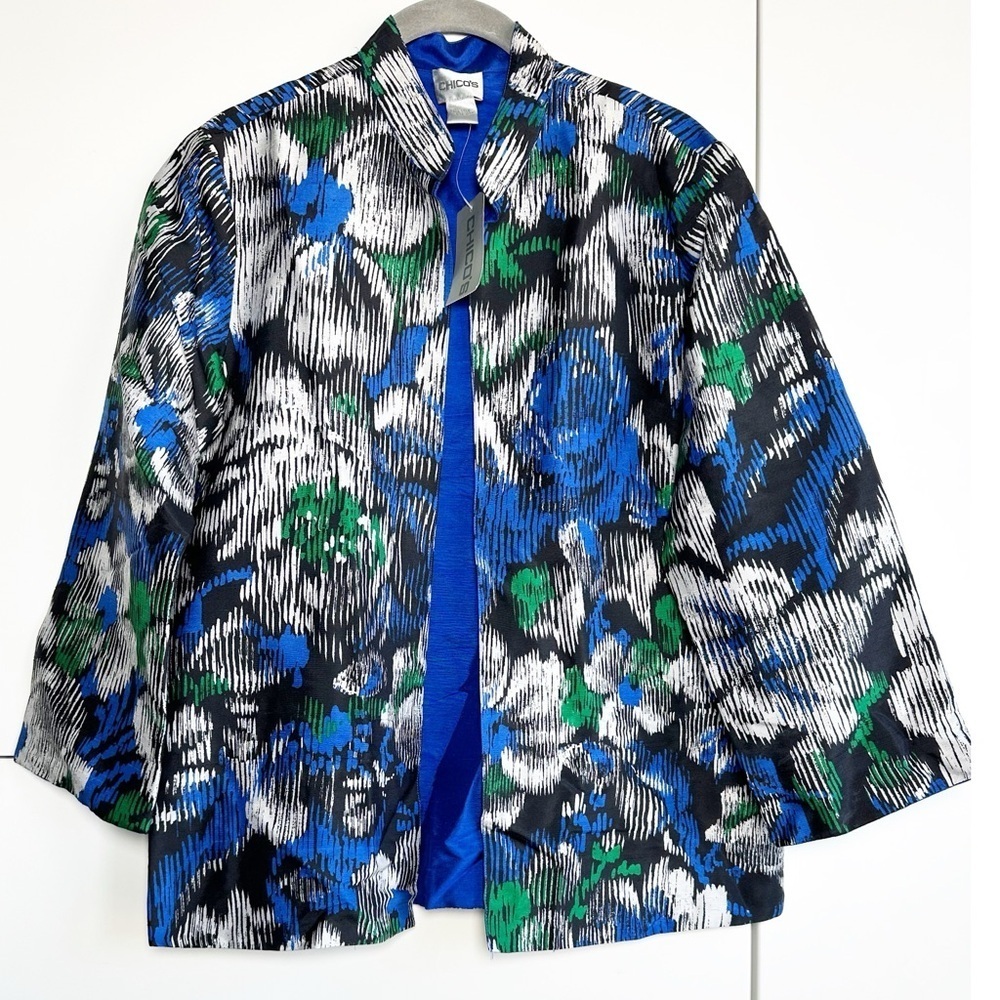 Chicos Silk Jacket Reversible Floral Blue Size 0 (Small) NWT 3/4 Sleeves